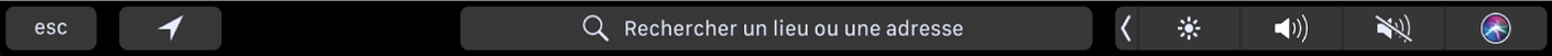 Touch Bar de Plans avec des boutons pour le lieu actuel et les itinéraires. La barre de recherche est également affichée.