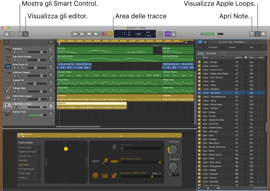 Finestra di GarageBand che mostra i pulsanti per accedere a “Controlli smart”, Editor, Note e Apple Loops. Mostra anche la visualizzazione delle tracce.