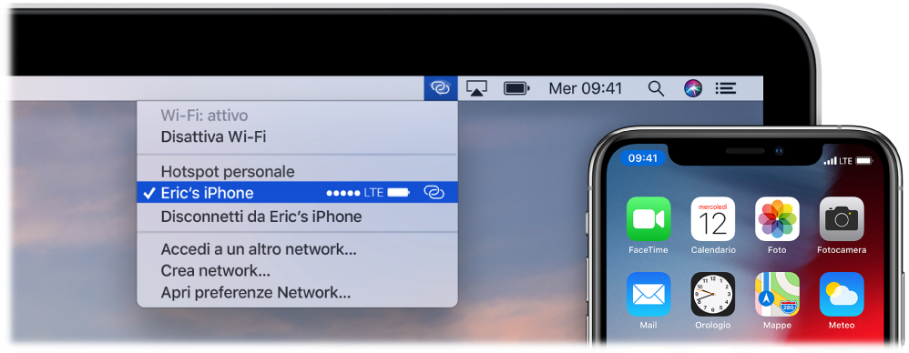 Il monitor del Mac con il menu Wi-Fi che mostra un l'hotspot personale di un iPhone.