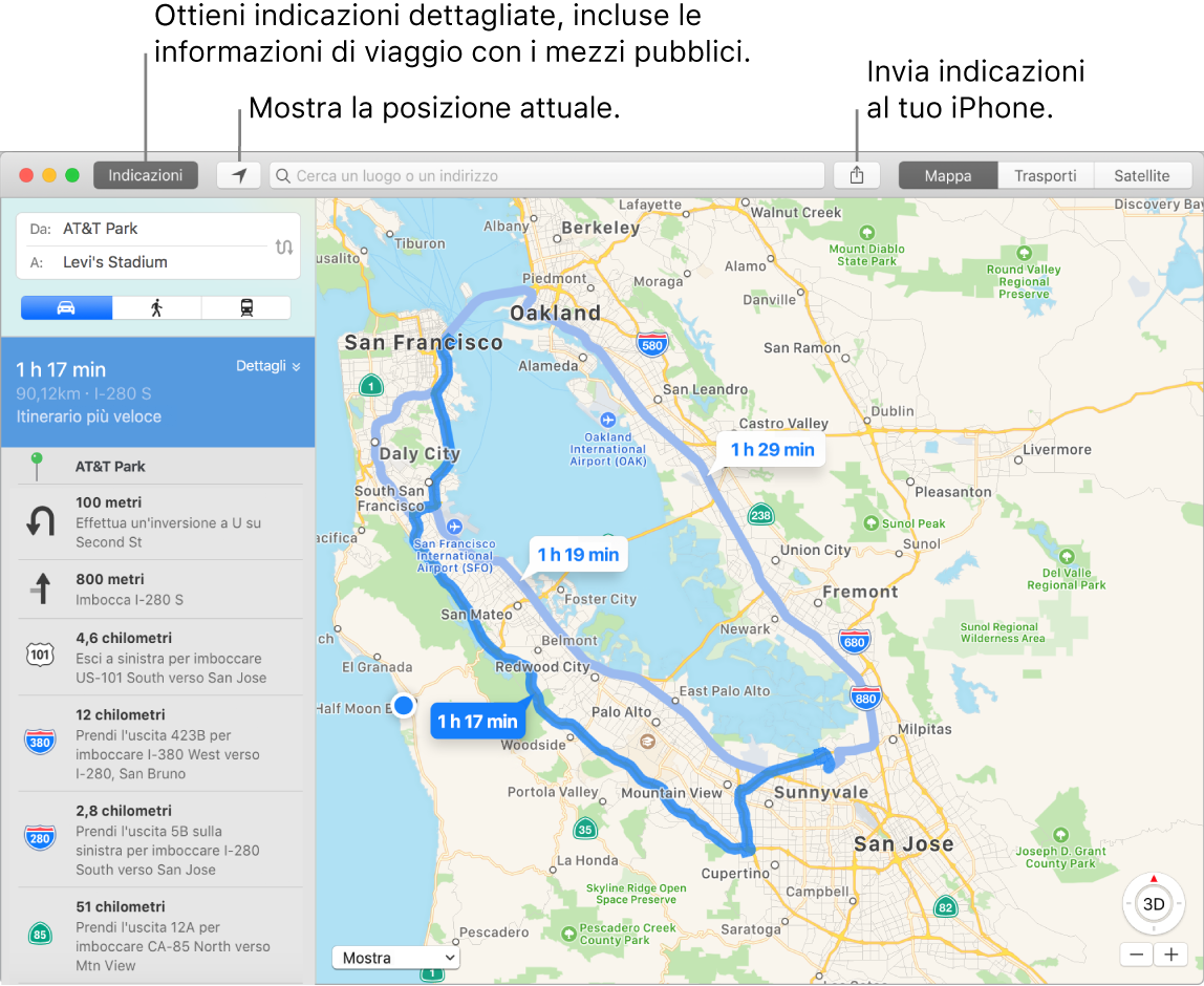 Finestra di Mappe che mostra come ottenere indicazioni facendo clic su Indicazioni in alto a sinistra e inviare indicazioni a iPhone mediante il pulsante Condividi.