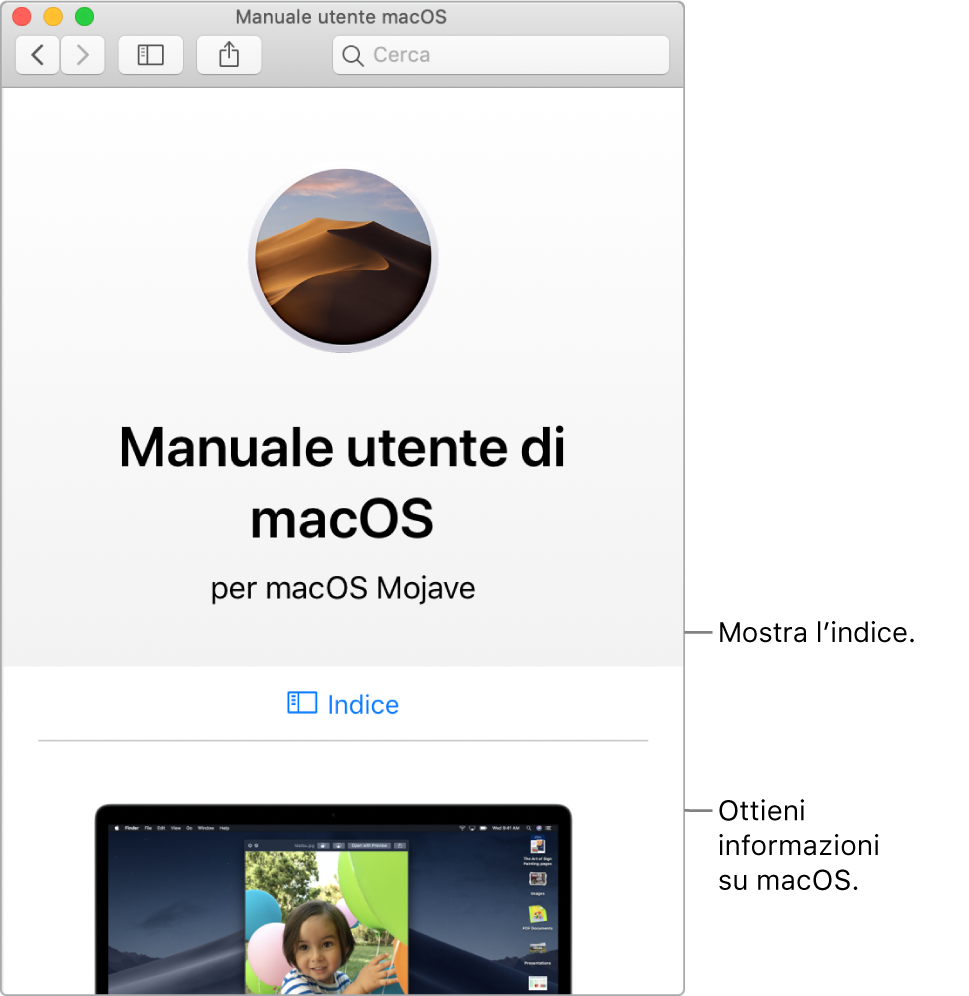 Pagina di benvenuto del Manuale utente di macOS che mostra il link dell’indice.