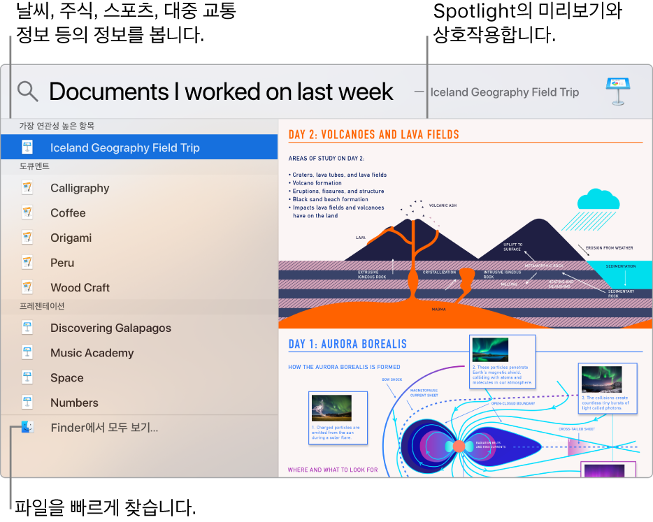 왼쪽에 검색 결과가 있고 오른쪽에 미리보기가 있는 Spotlight 윈도우.