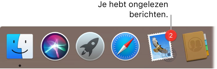 Een gedeelte van het Dock met daarin het appsymbool van Mail, met een badge die ongelezen berichten aangeeft.