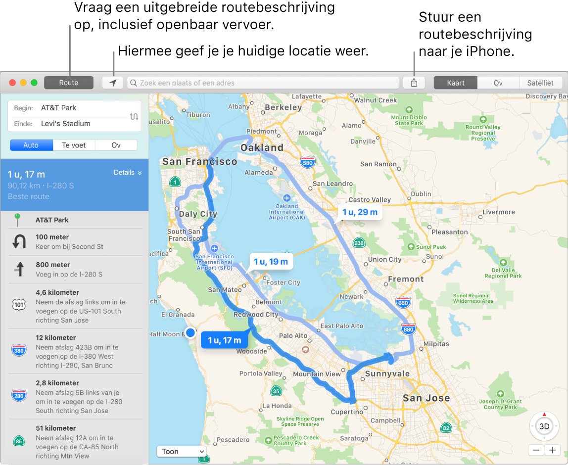 Venster van Kaarten waarin je ziet hoe je een routebeschrijving opvraagt door op 'Routebeschrijving' linksbovenin te klikken en hoe je met de deelknop een routebeschrijving naar je iPhone verstuurt.