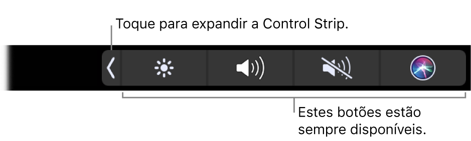 Tela parcial da Touch Bar padrão, mostrando a Control Strip minimizada. Toque no botão expandir para mostrar a Control Strip completa.