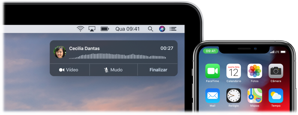 Tela do Mac mostrando a janela de notificação de ligação no canto superior direito e um iPhone mostrando que uma ligação está em andamento através do Mac.