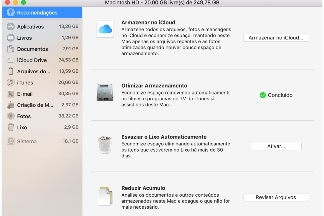 As preferências de armazenamento Recomendações, mostrando as opções Armazenar no iCloud, Otimizar Armazenamento, Remover o Lixo Automaticamente e Reduzir Acúmulo.