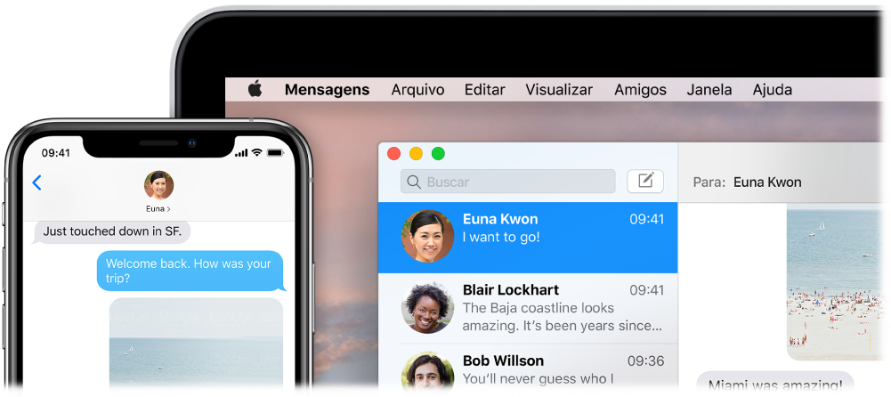 App Mensagens aberto em um Mac, mostrando a mesma conversa do Mensagens em um iPhone.