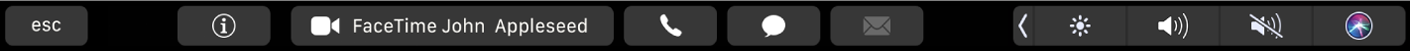 Touch Bar do FaceTime mostrando botões para obter informações de um contato, fazer uma ligação de vídeo ou áudio, ou enviar uma mensagem ou e-mail.
