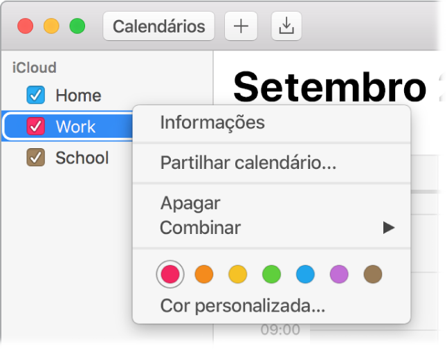 Menu de atalhos do Calendário com opções para personalizar a cor de um calendário.
