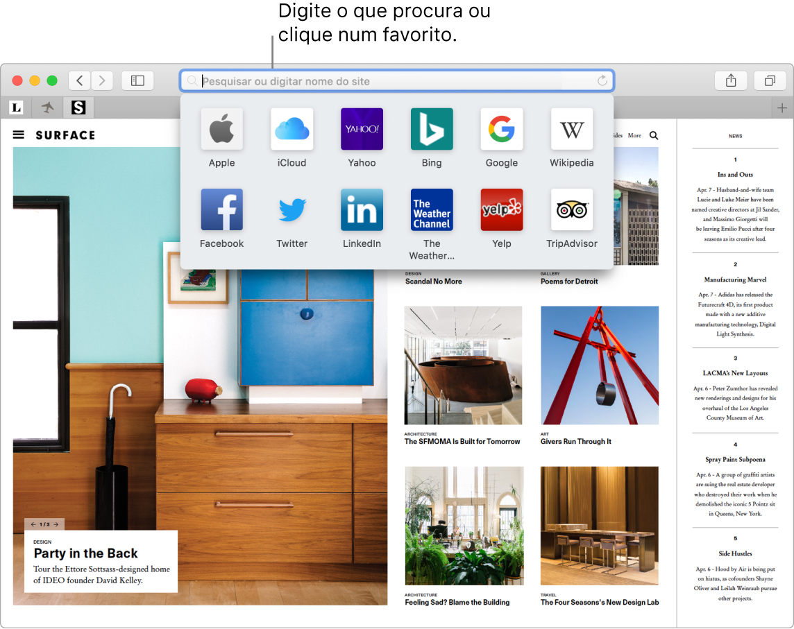 Janela do Safari com a vista de Favoritos apresentada e o campo de pesquisa inteligente realçado.