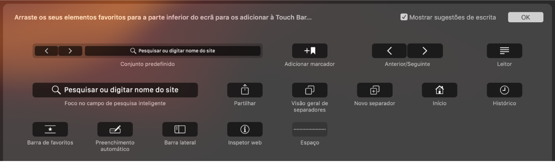 As opções de personalização do Safari, que podem ser arrastadas para a Touch Bar.