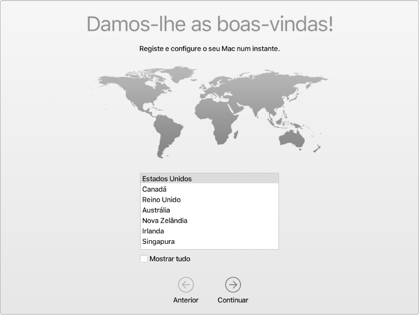 Ecrã do Mac com o Assistente de Configuração a mostrar o ecrã de boas-vindas.