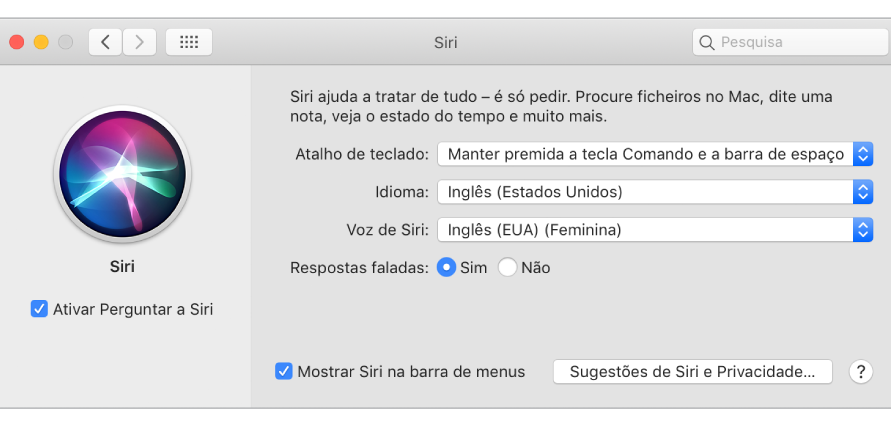 A janela de preferências de Siri com a opção “Ativar ‘Perguntar a Siri’” selecionada à esquerda, e várias opções para personalizar Siri à direita.