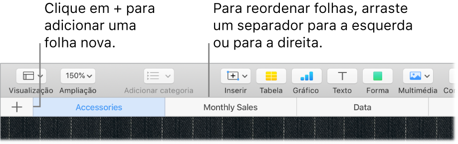 Janela do Numbers a mostrar como adicionar uma nova folha e como reordenar folhas.