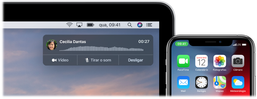 Ecrã do Mac a mostrar a janela de notificação de chamada no canto superior direito e um iPhone a mostrar que está uma chamada em curso através do Mac.