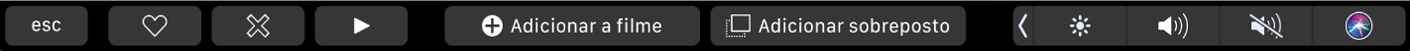 A Touch Bar do iMovie a mostrar os botões para marcar como favorito, apagar, reproduzir, adicionar ao filme e adicionar como sobreposição.