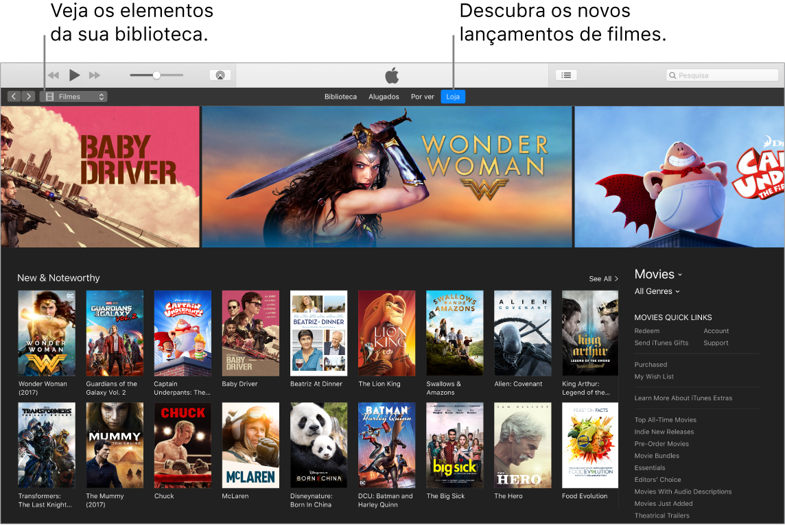 Janela do iTunes que mostra como ver a biblioteca, assinar Apple Music e explorar os novos lançamentos.