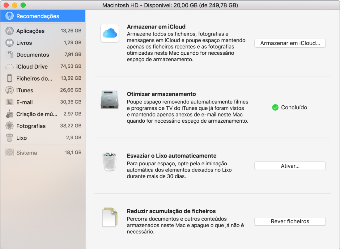As preferências de Recomendações para armazenamento, a mostrar as opções Armazenar em iCloud, Otimizar armazenamento, Apagar o Lixo automaticamente, e Reduzir acumulação de ficheiros.
