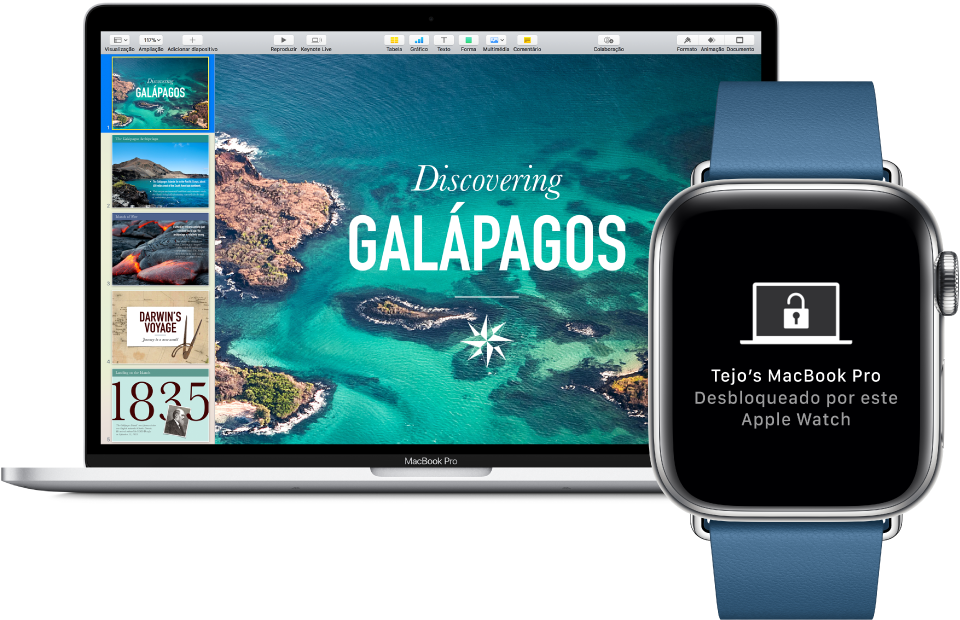 Um Apple Watch mostrado junto de um MacBook Pro, com uma mensagem a indicar que o Mac foi desbloqueado pelo Apple Watch.