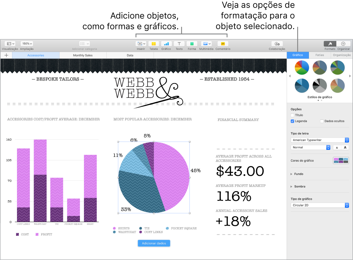 A janela do Numbers com chamadas para as categorias de objetos que podem ser adicionados e para as opções de formatação dos objetos.