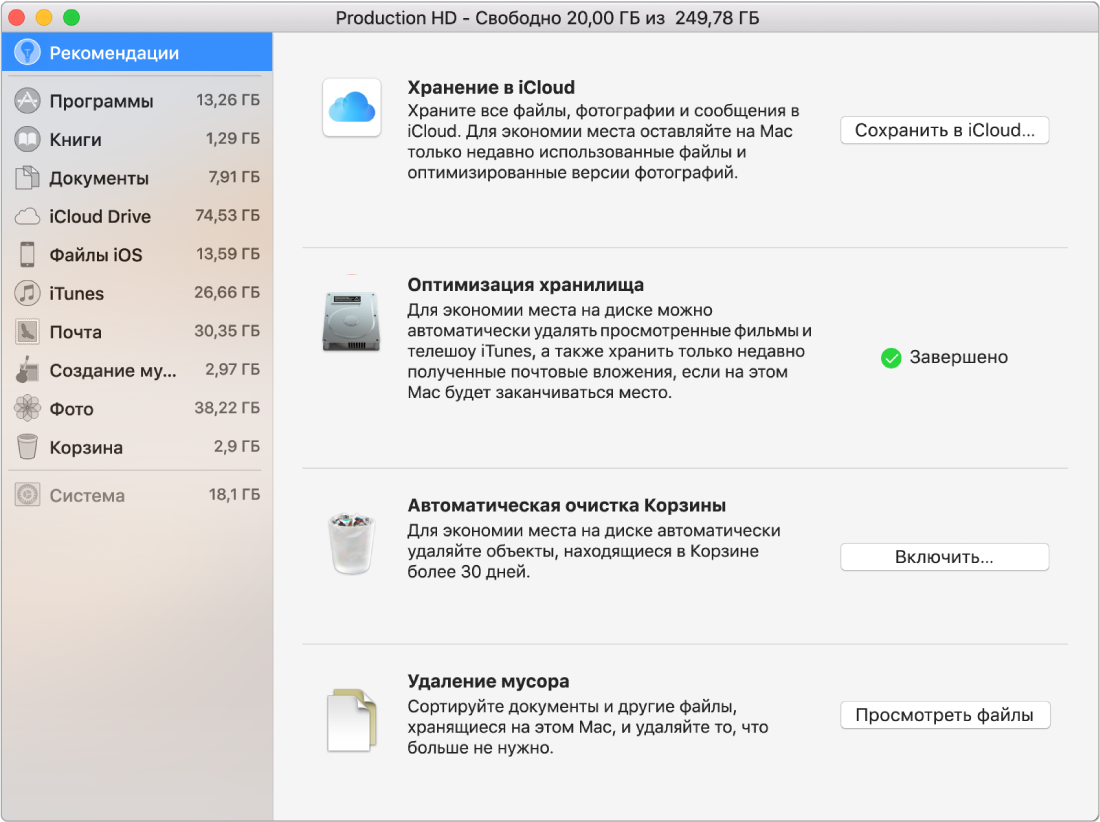 Рекомендуемые настройки хранилища: «Хранение в iCloud», «Оптимизация хранилища», «Автоматическая очистка Корзины» и «Удаление мусора».