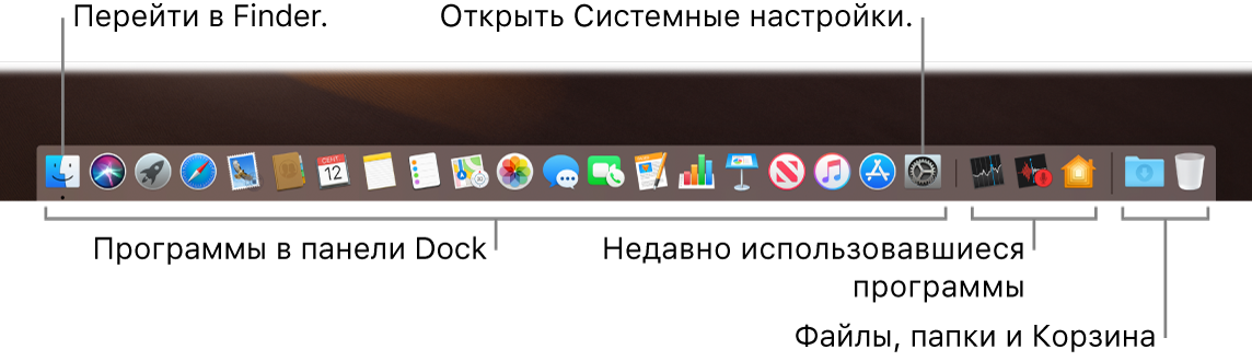 Панель Dock. Показаны значки Finder и Системных настроек, а также линия, отделяющая программы от папок.