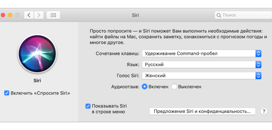 Окно настроек Siri, в котором слева отмечена галочка включения «Спросите Siri», а справа содержатся параметры настройки Siri.