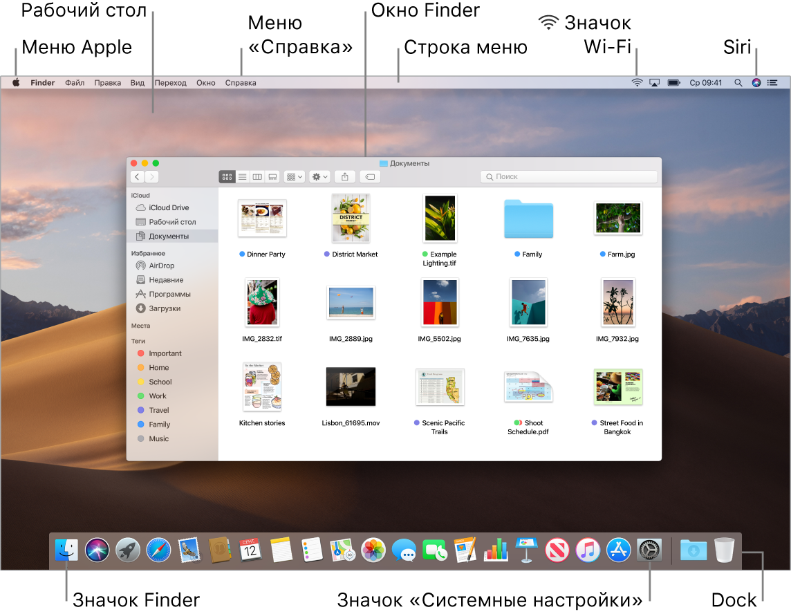 Экран компьютера Mac. Показаны меню Apple, рабочий стол, меню «Справка», окно Finder, строка меню, значок статуса Wi-Fi, значок «Спросите Siri», значок Finder, значок Системных настроек и панель Dock.