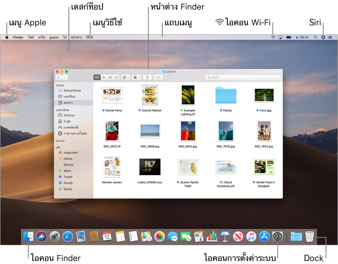 หน้าจอ Mac ที่แสดงเมนู Apple, เดสก์ท็อป, เมนูวิธีใช้, หน้าต่าง Finder, แถบเมนู, ไอคอน Wi-Fi, ไอคอนถาม Siri, ไอคอน Finder, ไอคอนการตั้งค่าระบบ และ Dock