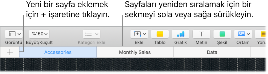 Yeni bir sayfa eklemeyi ve sayfaların yeniden sıralanmasını gösteren Numbers penceresi.