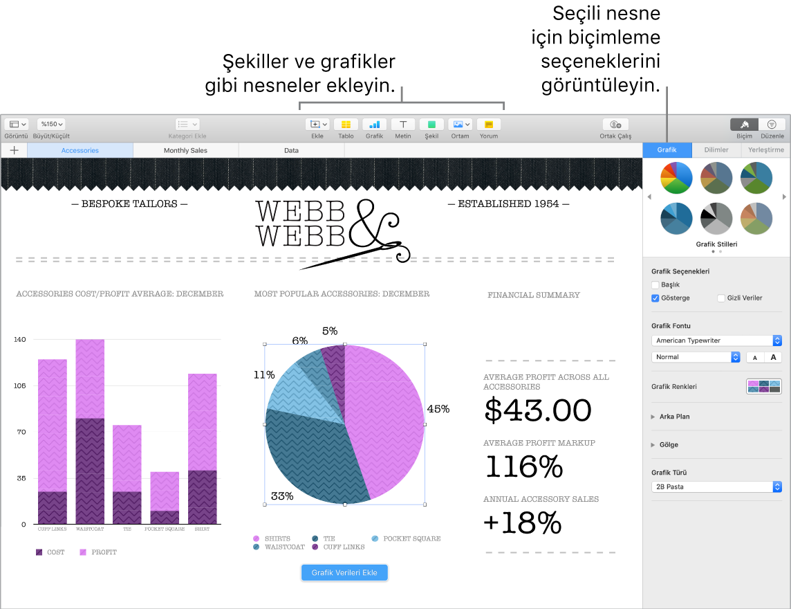 Eklenebilecek nesnelerin kategorisini ve nesnelerin biçimleme seçeneklerini belirtme çizgileriyle gösteren Numbers penceresi.