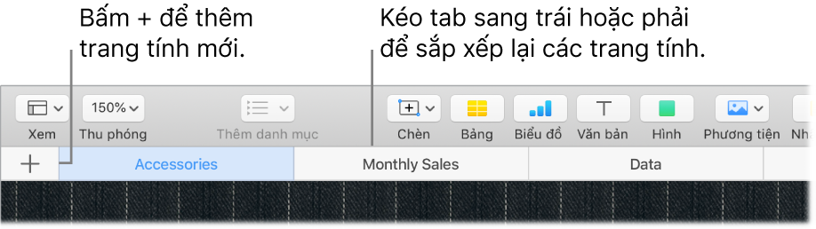 Cửa sổ Numbers đang minh họa cách thêm một trang tính mới và cách sắp xếp lại các trang tính.
