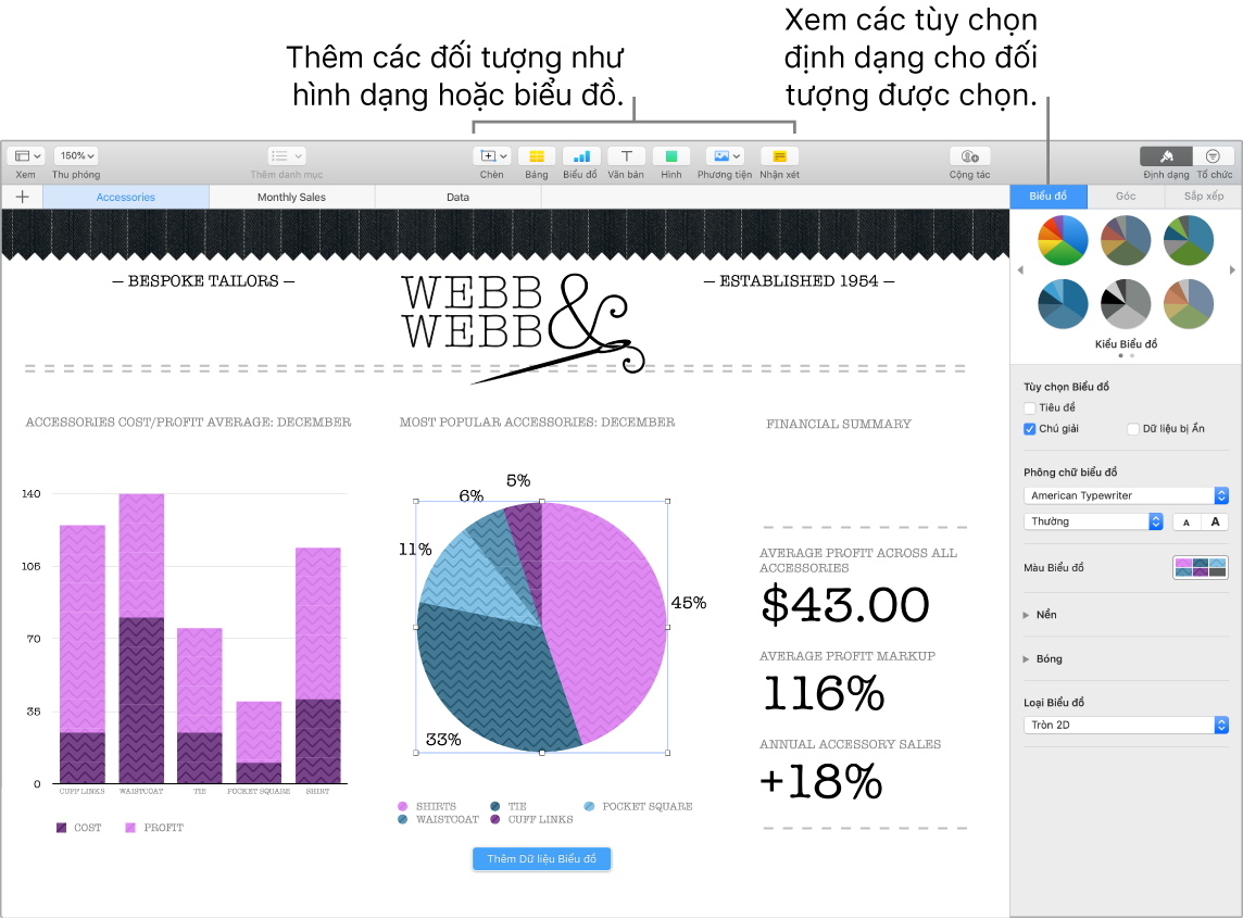 Cửa sổ Numbers với các chỉ thị đến danh mục các đối tượng có thể thêm vào cũng như đến các tùy chọn định dạng cho các đối tượng.