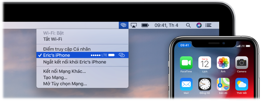 Màn hình máy Mac với menu Wi-Fi đang hiển thị Điểm truy cập cá nhân được kết nối với iPhone.