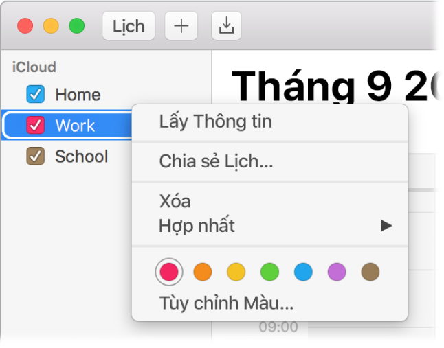 Menu phím tắt Lịch với các tùy chọn để tùy chỉnh màu của lịch.