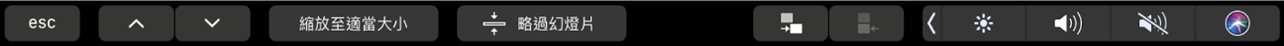 Keynote 觸控列顯示箭頭按鈕、縮放至適當大小按鈕、略過幻燈片按鈕、縮排幻燈片按鈕和減少縮排幻燈片按鈕。