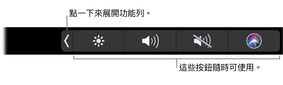 預設觸控列畫面的一部分，顯示收合的功能列。點一下展開按鈕來顯示完整的功能列。