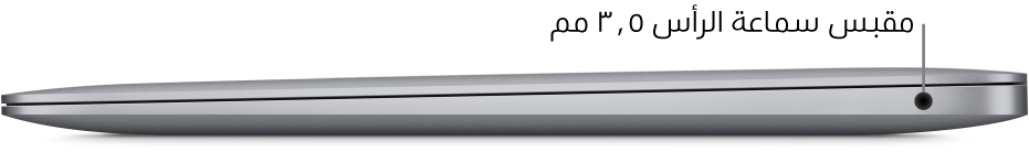 عرض للجانب الأيمن من MacBook Pro مع وسائل شرح لمنفذي Thunderbolt 3 ‏(USB-C) ومقبس سماعة الرأس ٣.٥ مم.