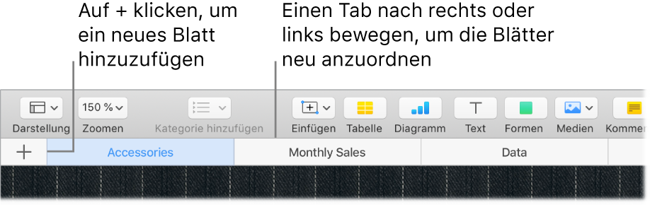 Numbers-Fenster mit Informationen zum Hinzufügen eines neuen Rechenblatts und zum Neuanordnen der Blätter