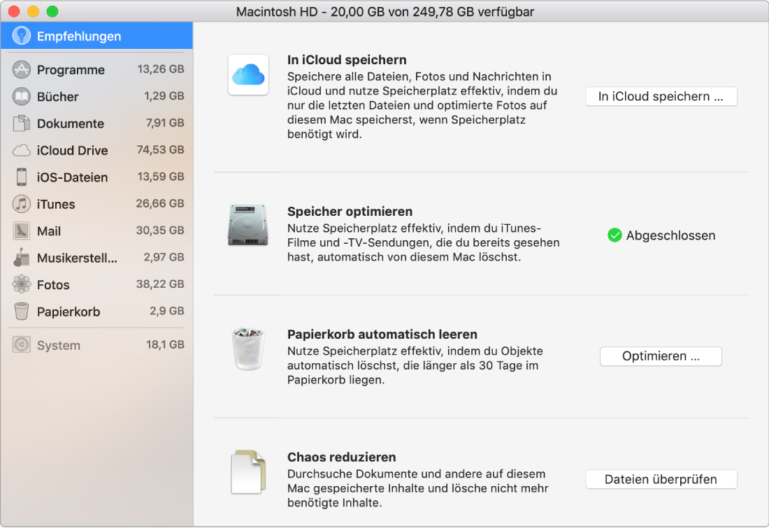 Der Bereich „Empfehlungen“ für den Speicher mit den Optionen „In iCloud speichern“, „Speicher optimieren“, „Papierkorb automatisch löschen“ und „Chaos reduzieren“.