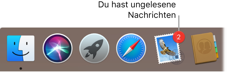 Abschnitt im Dock mit dem Appsymbol „Mail“, das mit einem Kennzeichen versehen ist, um auf ungelesene Mails hinzuweisen.