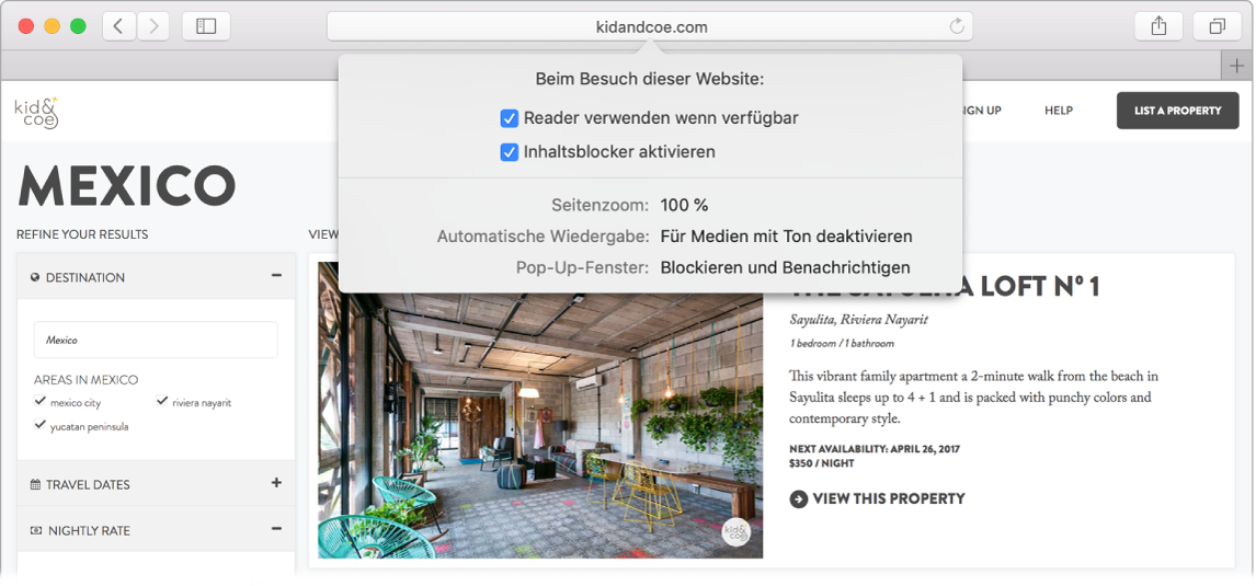 Im Safari-Fenster werden Website-Einstellungen angezeigt, zu denen beispielsweise diese gehören: „Reader verwenden“ (sofern verfügbar), „Inhalt-Blocker aktivieren“, „Seitenzoom“, „Automatische Wiedergabe“, „Kamera“, „Mikrofon“ und „Standort“.