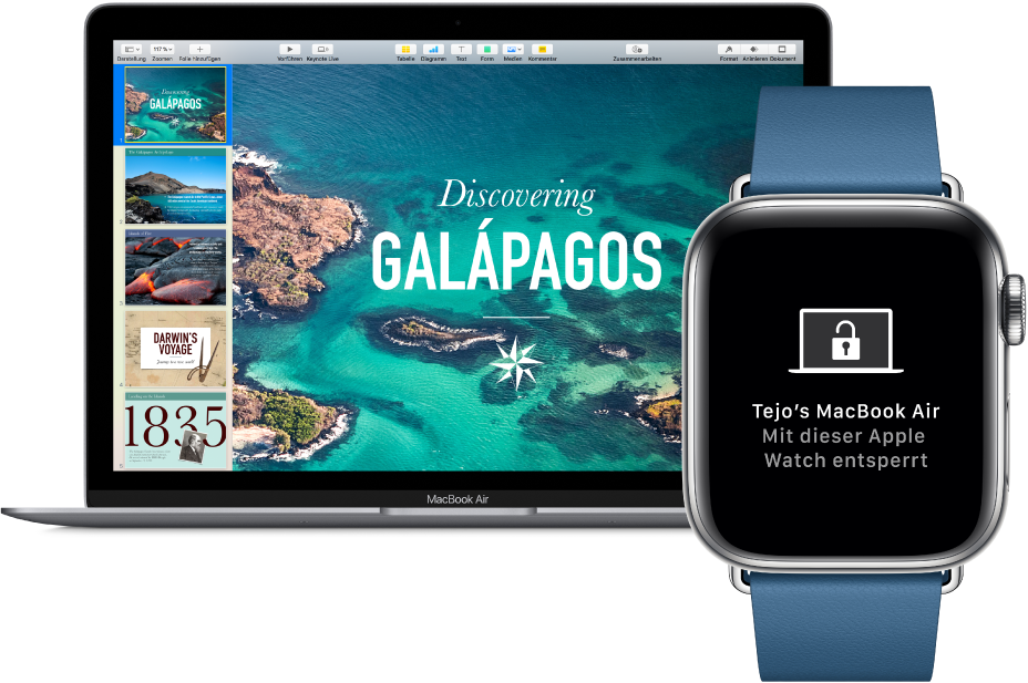 Eine mit einem MacBook Air angezeigte Apple Watch zeigt eine Nachricht, dass der Mac von der Apple Watch entsperrt wurde.