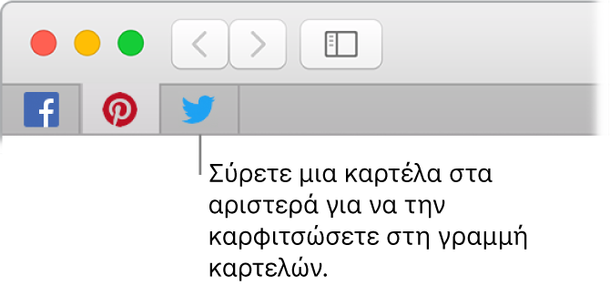 Παράθυρο Safari που δείχνει πώς να καρφιτσώσετε μια καρτέλα στη γραμμή καρτελών.