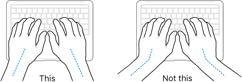 Hands positioned over a keyboard, showing correct and incorrect wrist and hand alignment.