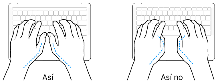 Manos posicionadas sobre un teclado, mostrando la alineación correcta e incorrecta de los pulgares.