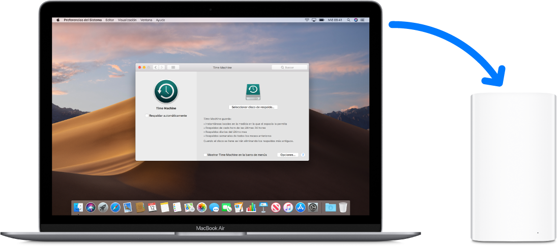 Pantalla de la MacBook Air con la ventana de respaldo de Time Machine abierta. La MacBook Air se conecta de forma inalámbrica a una Time Capsule de AirPort.