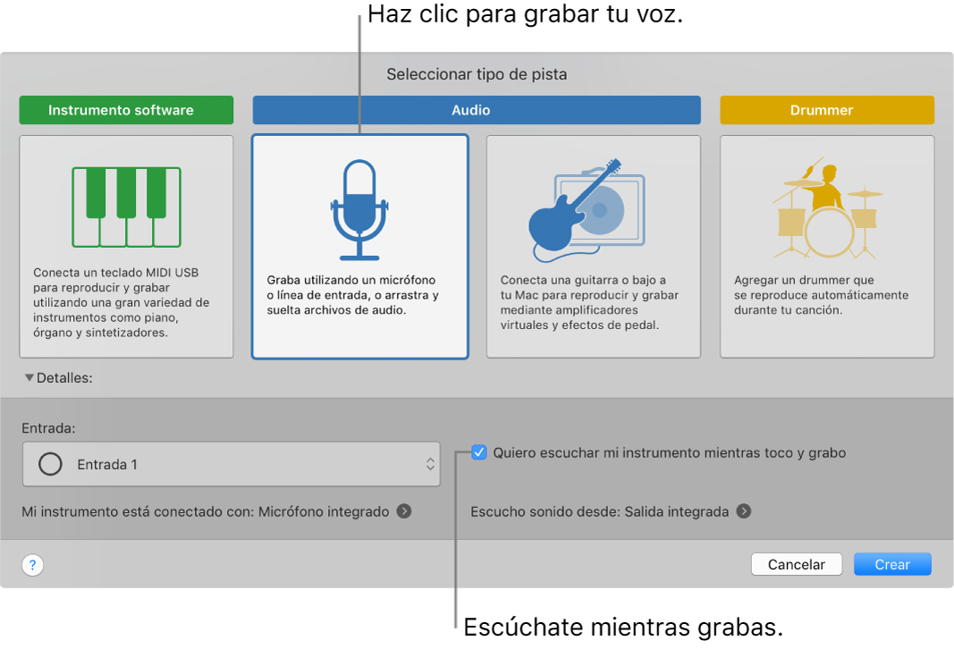 El panel de instrumentos de GarageBand mostrando dónde hacer clic para grabar voz y cómo escucharte a tí mismo mientras grabas.