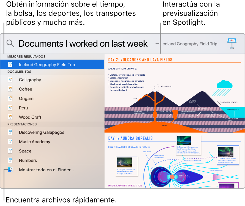 Ventana de Spotlight con los resultados de una búsqueda a la izquierda y una previsualización a la derecha.